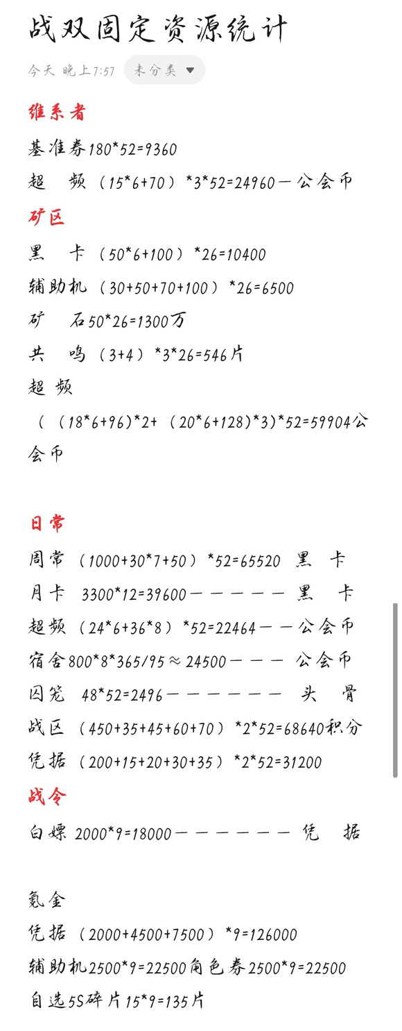 战双帕弥什每年固定资源的大致获取情况